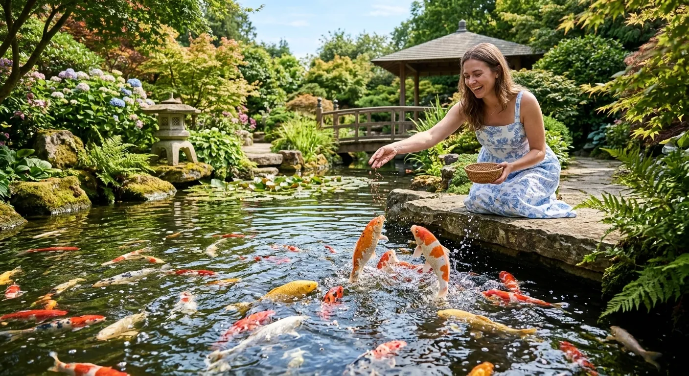 Smiling woman feeding a school of colorful koi from a stone ledge in a Japanese garden pond